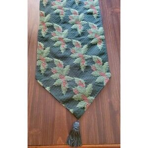 Table Runner Holly Tapestry Green Red Tassles 12"x 49" Tapered Ends Christmas